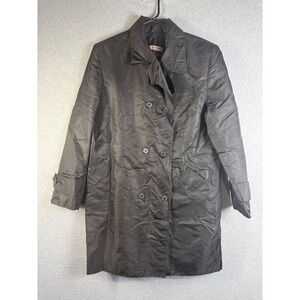 Ojay Rain Coat Womens 12 Black Nylon Collared Button Front Mid Length Trench
